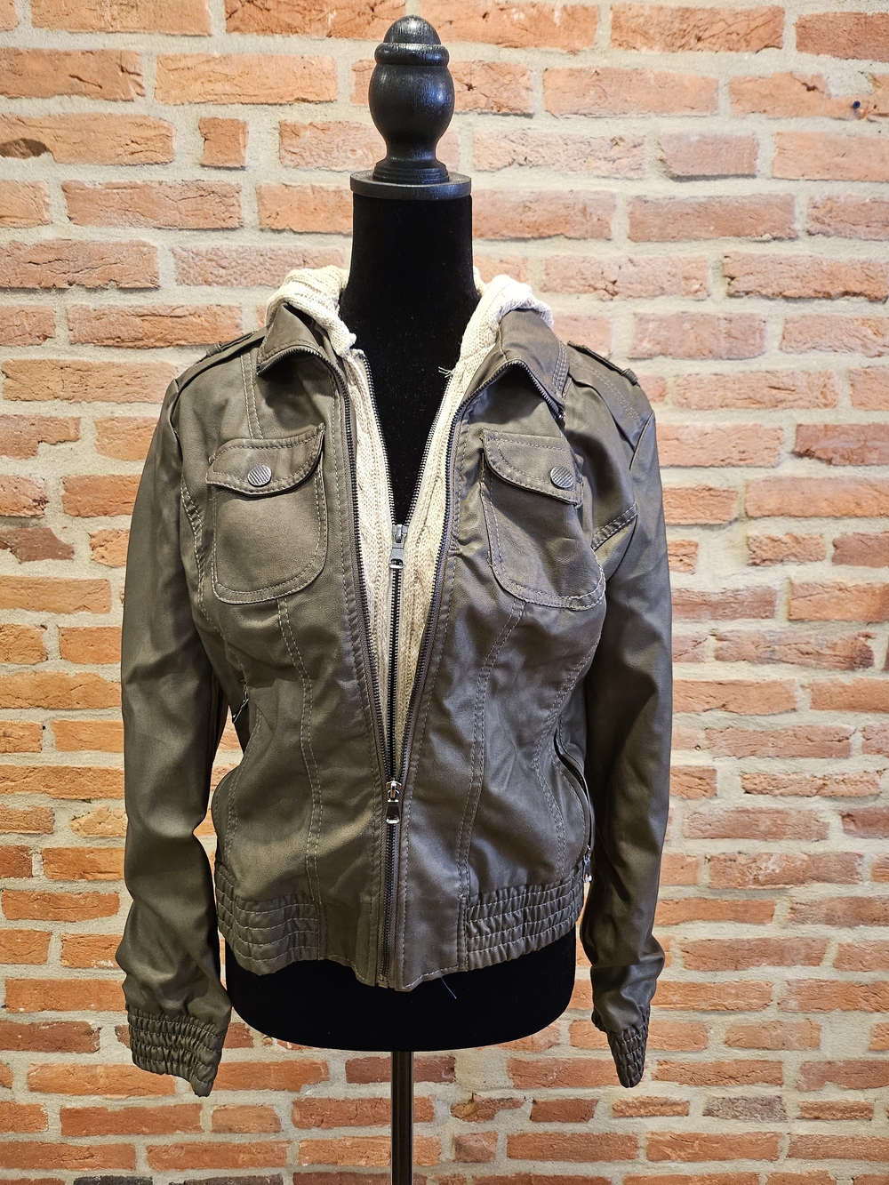 Ci Sono Olive Green Bomber Jacket with Cream Sherpa Trim